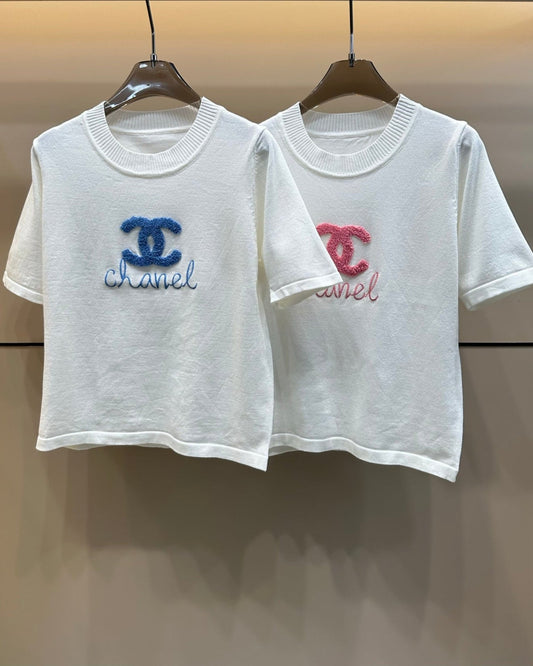 Towel embroidered lettering knitted T-shirt