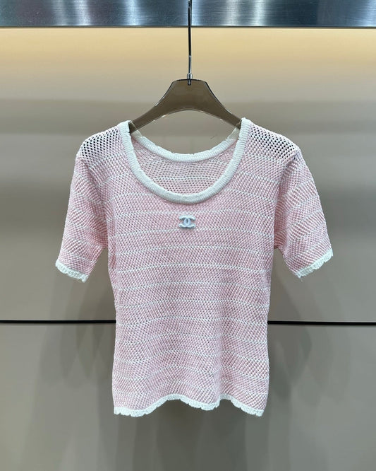 Hollow Stripe Color Block Knit T-shirt