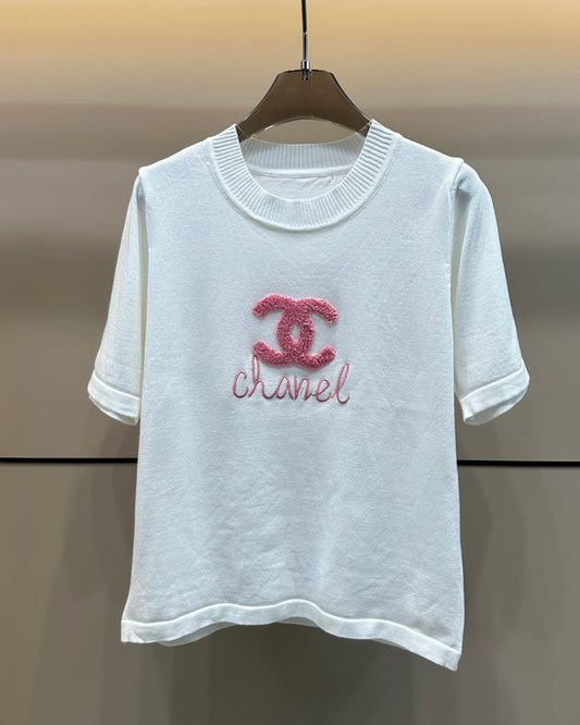 Towel embroidered lettering knitted T-shirt
