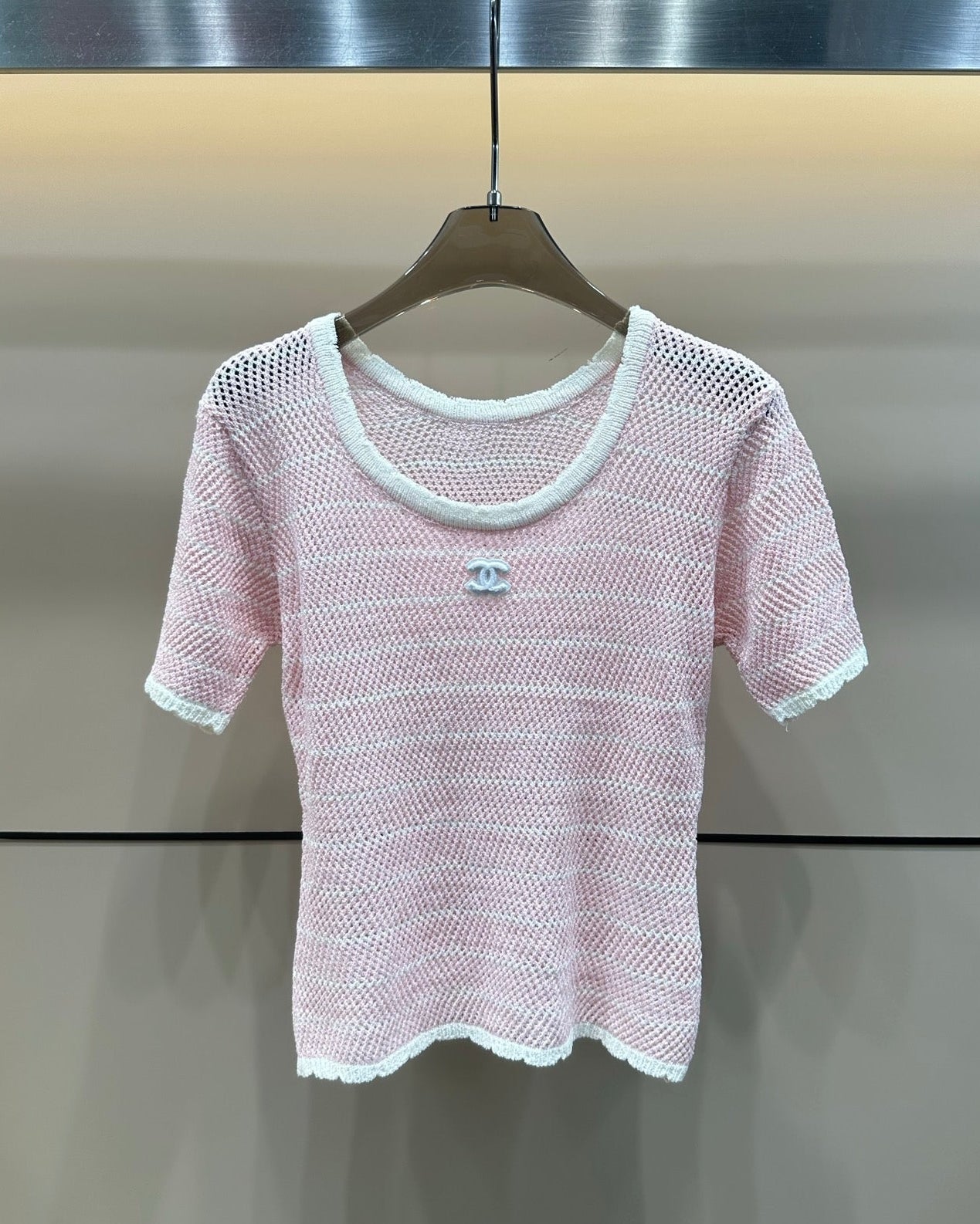 Hollow Stripe Color Block Knit T-shirt