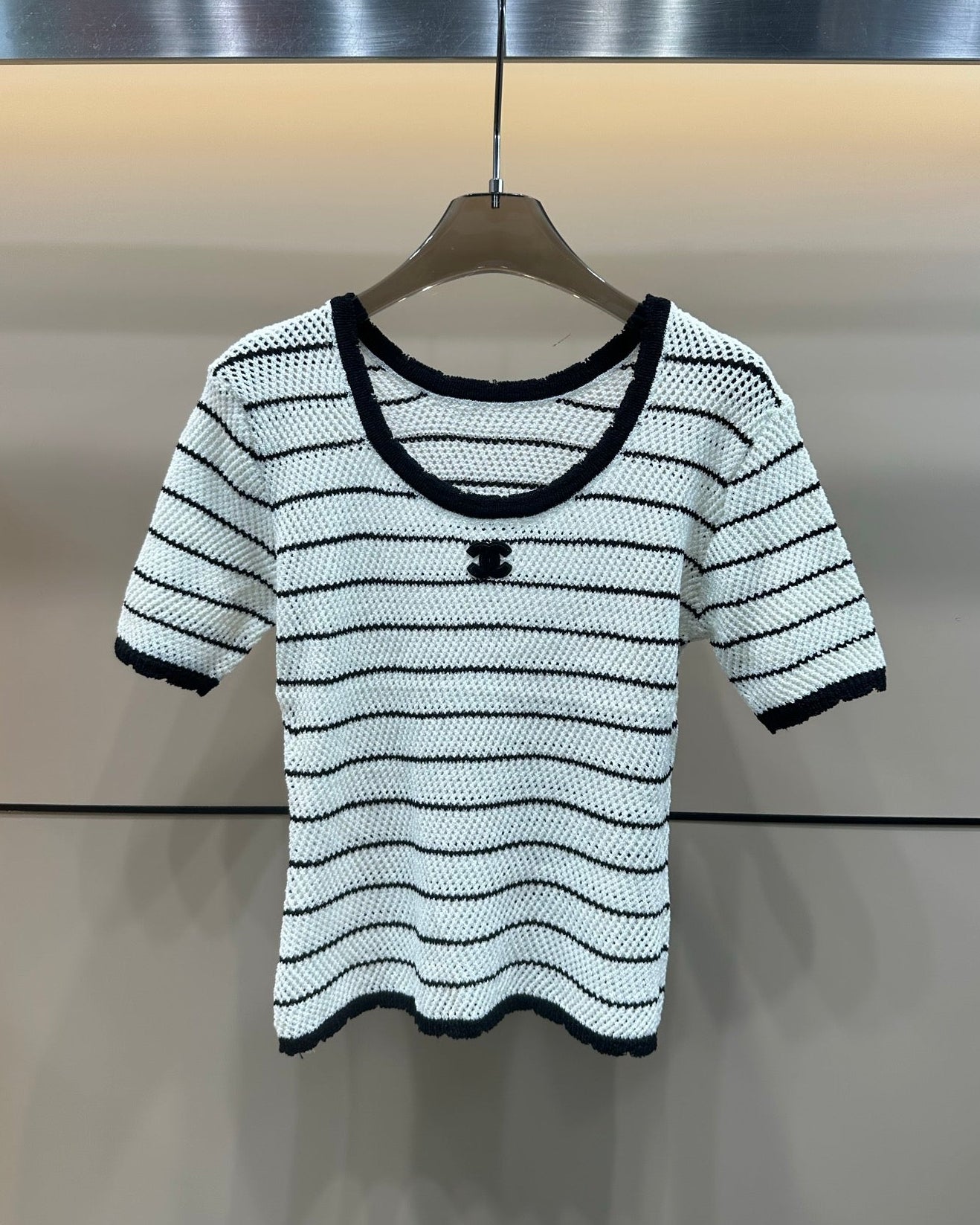 Hollow Stripe Color Block Knit T-shirt